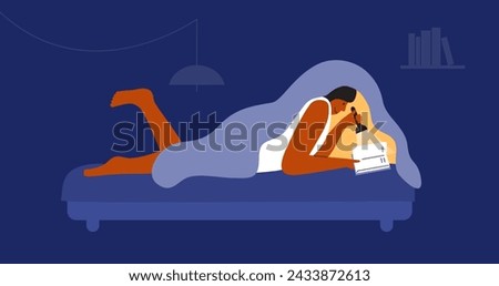 Girl lying under blanket holding flashlight reading book. Teen reads books in bedroom. Young woman hiding in bed with literature story. Night time before sleep vector illustration. Leisure bedtime