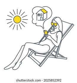 Girl lying under sun with a phone outline icon or illustration web