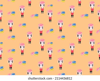 Girl with macaron cartoon character seamless pattern on orange background.Pixel style