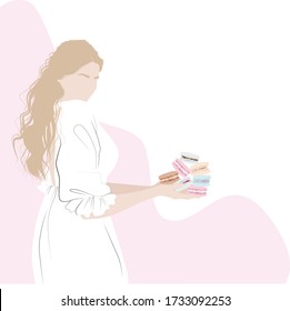 Girl with macaroons in her hands. Set of different taste macaroons. Colorful vector illustration. Confectionery. Copy space