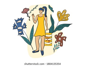 Girl made a discount purchase in the store and looks happy, vector hand drawn illustration for advertising, business