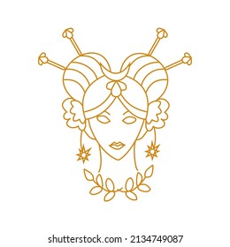 Girl with magical amulets Outline portrait
