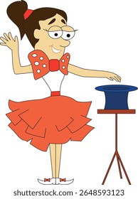 girl magician, illusionist, circus performer, cartoon style