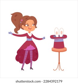 Girl magician and magic circus show vector illustration. Cartoon child wizard illusionist conjuring tricks with rabbit bunny in hat cylinder.