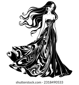 A girl in a magnificent ball gown is spinning in a dance. Black and white