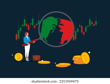 Girl with magnifier monitor incident with Bear and Bull fighting. Stock market trend. Root cause analysis and solving problems, risk analysis assessment. Global economy crash or boom.