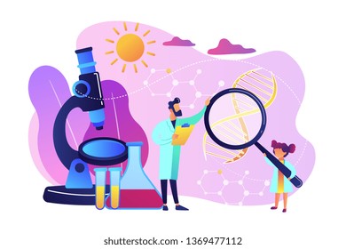 A girl with magnifier and scientist carry out an experiment, tiny people. Kids Science camp, young scientists lessons, kids laboratory tests concept. Bright vibrant violet vector isolated illustration
