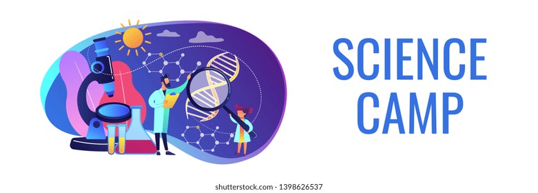 A girl with magnifier and scientist carry out an experiment, tiny people. Kids Science camp, young scientists lessons, kids laboratory tests concept. Header or footer banner template with copy space.