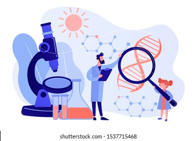 A girl with magnifier and scientist carry out an experiment, tiny people. Kids Science camp, young scientists lessons, kids laboratory tests concept. Pinkish coral bluevector isolated illustration