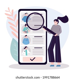 Girl with magnifying glass chooses specialist. Concept of online consultation and healthcare. Profiles of different doctors on smartphone screen. Doctor search app. Trendy flat vector illustration