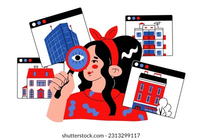 A girl with a magnifying glass examines the web windows with various housing. he concept of buying real estate and investment. Vector illustration. cartoon style. Isolated on white background.