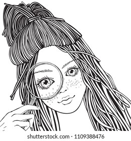 Girl with a magnifying glass. Hand drawn vector illustration in doodle style. Adult coloring book page.