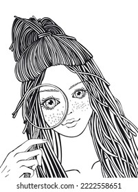 Girl with a magnifying glass. Hand drawn vector illustration in doodle style. Anxiety Relief Coloring Book for Adults. For book 8.5 x 11 inches