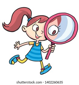 girl with a magnifying glass in her hand looks curiously