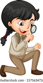 Girl with magnifying glass on white background illustration