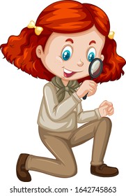 Girl with magnifying glass on white background illustration