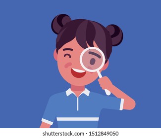 Girl With Magnifying Glass. Schoolgirl Looking Through Hand Lens, Searching Focus, Data, Information, Scientific Research, Safe Kids Internet Browsing And Study. Vector Flat Style Cartoon Illustration