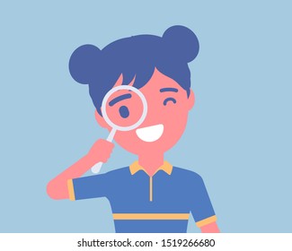 Girl with magnifying glass. Schoolgirl looking through hand lens, searching focus, data, information, scientific research, safe kids internet browsing and study. Vector flat style cartoon illustration