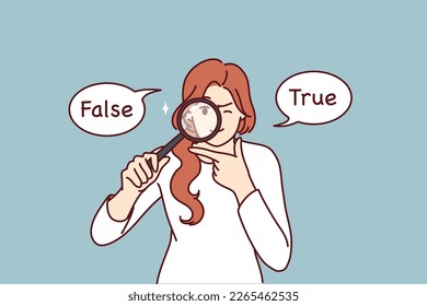 Girl with magnifying glass is trying to make difficult choice that standing between inscriptions false and true. Woman researcher has doubts about product quality and use magnifying glass 