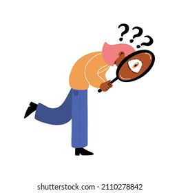 Girl with magnifying glass walking and looking for something, concept of searching and seeking. Cartoon style isolated vector illustration