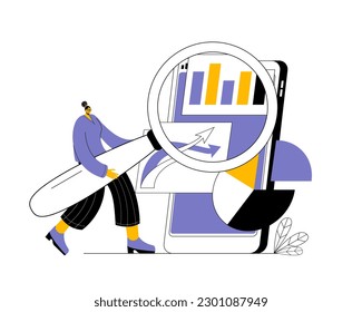 A girl with a magnifying glass works with data in the form of various graphs. Funny vector illustration on the topic of business analysis and data processing.