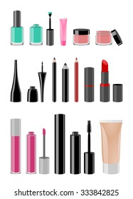 Girl make up accessory. make-up tool icon set. Collection of professional cosmetic : brushes, eye shadow, lip stick, mascara, nail polishes.. vector art image illustration isolated on white background