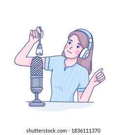 Girl make ASMR concept design of vector. Cartoon illustration style.