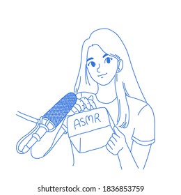 Girl make ASMR concept design of vector. Cartoon illustration style.