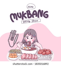 Girl make ASMR eating show or Muk Bang design of vector. Cartoon illustration style.