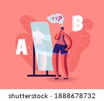 Girl Make Important Decision Stand at Mirror Choosing Between A or B Variants. Female Character Doubts, Pros and Cons of Something, Advantages or Disadvantages Choose Wear. Cartoon Vector Illustration
