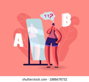 Girl Make Important Decision Stand at Mirror Choosing Between A or B Variants. Female Character Doubts, Pros and Cons of Something, Advantages or Disadvantages Choose Wear. Cartoon Vector Illustration