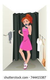 girl make selfie in dress room in store shopping vector illustration sale