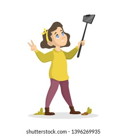 Girl make selfie on the mobile phone. Beautiful fashion girl make self-portrait. Isolated vector illustration in cartoon style