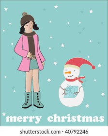 Girl make snowman. vector