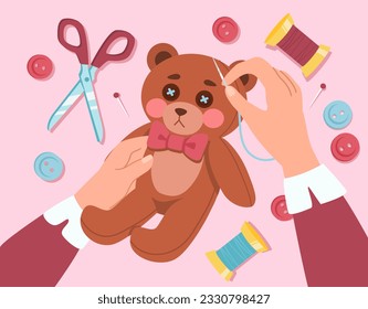 Girl make teddy bear concept. Top view of broken toy. Character with needle and thread sewing mascot. Handmade and handicraft, sewing and needlework. Cartoon flat vector illustration