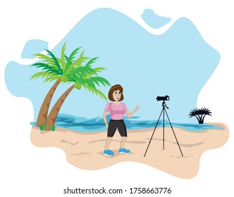 girl make vlog on the beach, record video for content creator, talking front camera