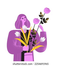 The girl makes a bouquet of flowers. Florist at work. Isolated illustration in flat style