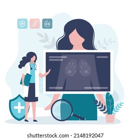 Girl makes chest x-ray to detect diseases. Mammalogist examines mammary glands of patient. Prevention of breast cancer. Ultrasound for diagnosis and localization of breast tumors. Vector illustration