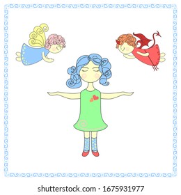 Girl makes a choice between angel and demon, vector illustration