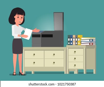 A girl makes a copy of the document with a copier. Vector illustration. Suitable for animation (individual segments)