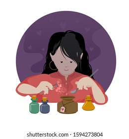 Girl makes elixir of love. A woman does  love spells. Magic, prophecy, witchcraft, fortune telling.
