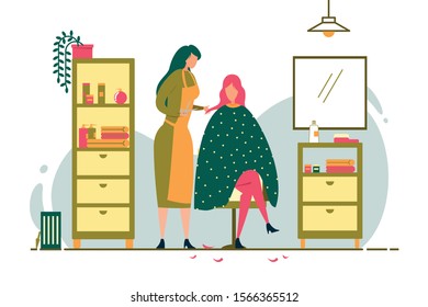 Girl Makes Haircut to Client in Cozy Hairdresser.