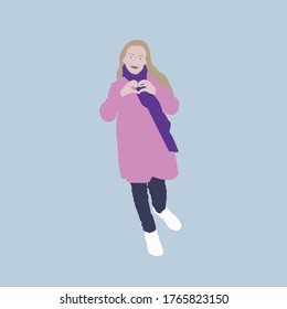 Girl makes a heart shape with hands isolated.  Heart Hand Gesture sign. Hand drawn vector flat art illustration. 