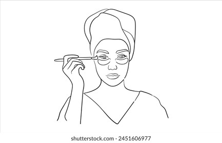 Girl makes herself a cosmetic mask isolated on white background. Relaxing at home line art drawing. Vector illustration