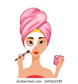 The girl makes herself a cosmetic procedure for the face. Cartoon style. Vector illustration