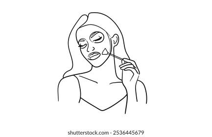 Menina faz-se máscara de desenho de arte de linha contínua isolado no fundo branco. Lindos contornos de senhora. Ilustração vetorial	