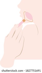 Girl makes herself a massage with a roller. Minimalistic illustration. Beauty routine