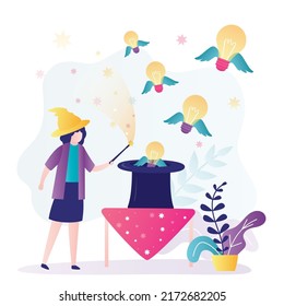 Girl makes light bulbs magically fly out of hat. Sorceress conjured up innovative business ideas. Idea generation and critical thinking. Magician with magic wand shows trick. Flat vector illustration