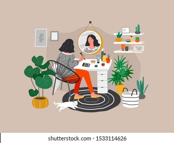 Girl makes make up in front of a mirror for skin care and beauty blogging. Daily life and everyday routine scene by young woman in scandinavian style cozy interior with homeplants. Cartoon vector