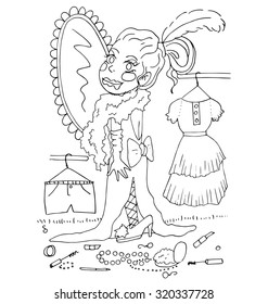 the girl makes a makeup using makeup of his mother outline cartoon hand drawing  for coloring isolated on the white background